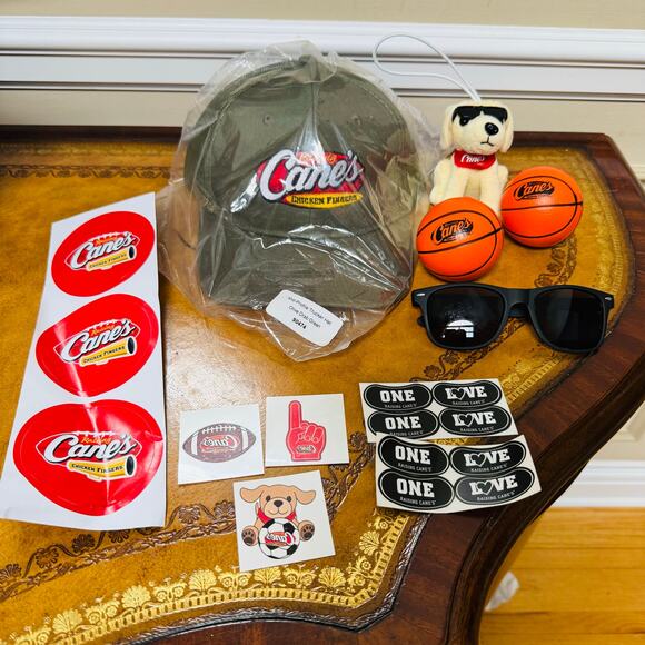 Raising Cane's Olive Green Trucker Hat, Plush Stuffed Dog Toy, Sunglasses NEW - Picture 1 of 6
